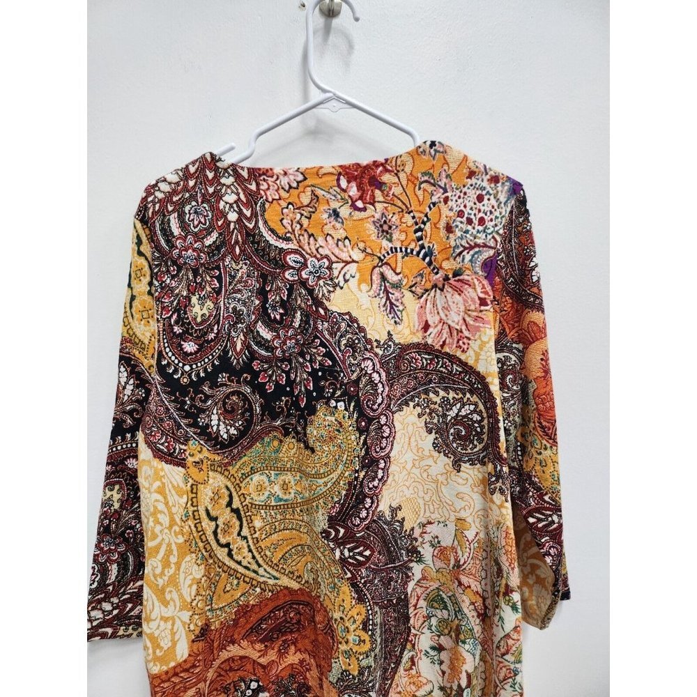 Chicos Womens Floral 3/4 Sleeve Top Size Large Orange Yellow Hi Low V-Neck - Picture 6 of 6